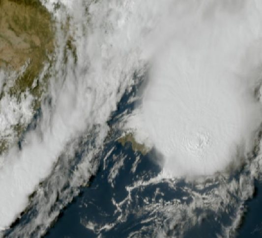Satellite image of a thunderstorm over the Balearic Sea, without lightning