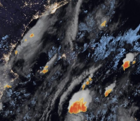 Night-time satellite image with lightning over the western Mediterranean